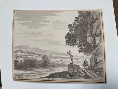 Attribué à Claude Henri WATELET (1718-1786) Paysage au calvaire
Plume et encre noire...