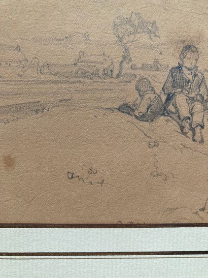 null Eugène LE POITTEVIN (Paris 1806-1870)
Enfants près d'une ferme
Crayon noir et...