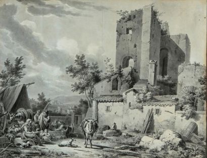 Attribué à Michel Hamon DUPLESSIS (actif vers 1791) Paysans près des ruines d'une...