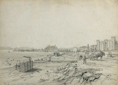 Félix BENOIST (Saumur 1818 - Nantes 1896) Vue de Cannes depuis la plage près du casino
Crayon...