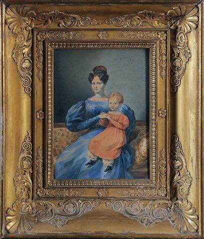 LE PAYET (actif en 1839) Portrait de jeune, femme, son enfant sur les genoux
Aquarelle...