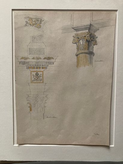 Franz ALT (Vienne 1821-1914) Étude de colonnes et de chapiteaux de la chapelle Saint-Saturnin...
