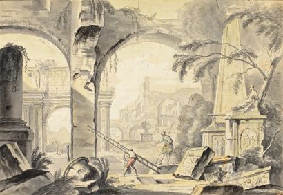École Française vers 1800, suiveur d'Alexandre PERNET Fouilles dans des ruines antiques
Plume...