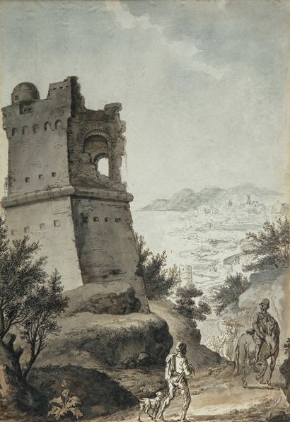 Attribué à Jean-Antoine CONSTANTIN d'AIX (1756-1844) Paysans près d'une vieille tour
Lavis...