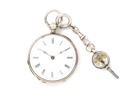 null 
Small pocket watch in silver 800 thousandth, white enamelled dial with painted...