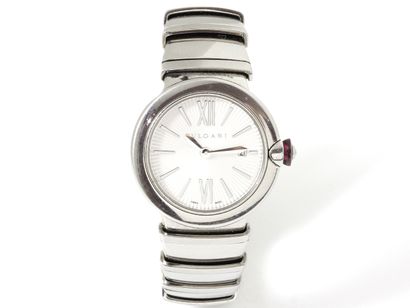 null BULGARI ''LVCEA''. Ladies' wristwatch in steel, round case, silvered dial with...
