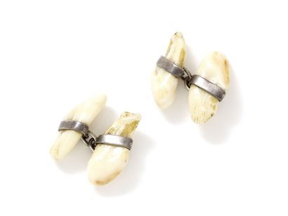  Pair of silver cufflinks 800 thousandths decorated with teeth of stags. Gross weight:...