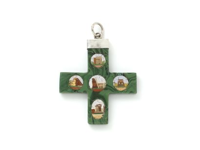 null Pendant holding a cross in glass paste imitating malachite decorated with miniatures...