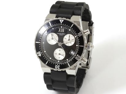 null CHAUMET ''CLASS ONE''. Steel chronograph watch, black 3-counter dial with Roman...