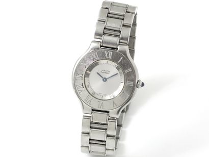 null CARTIER Must of 21. Men's wristwatch in steel, radiant silver dial, bezel with...