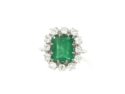null Ring in white gold 750 thousandths, decorated with a rectangular emerald with...