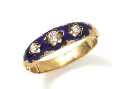 Bracelet open gold and blue enamel decorated...