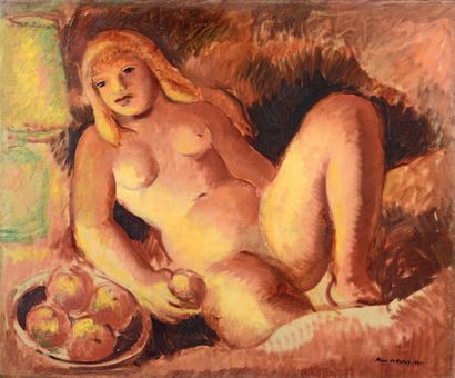 Pierre DE BELAY (1890-1947) Nude with fruits
Oil on canvas
Signed lower right, dated...