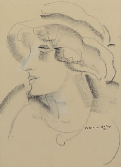 Pierre DE BELAY (1890-1947) Portrait de femme au chapeau Fusain Signé en bas à droite,...