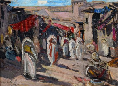 Jacques MAJORELLE (1886-1962) Le souk des teinturiers à Marrakech, 1919
Huile sur...