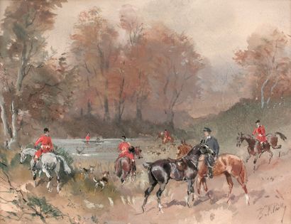 Baron Karl REILLE (1886-1975) Rallye Bonnelles, cerf bât l'eau
Gouache, signée en...