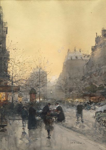 Luigi LOIR (1845-1916) Hiver, marchande des quatre saisons sur les Grands
Boulevards
Gouache...
