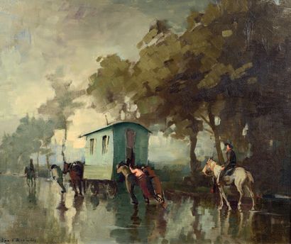 Jean d'Esparbes (1899-1968) Forain sous l'orage
Huile sur toile
Signée en bas à gauche,...