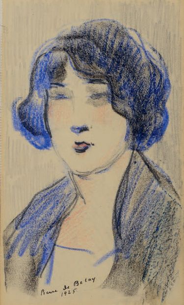 Pierre DE BELAY (1890-1947) Portrait de femme Crayon de couleurs Signé en bas à gauche,...