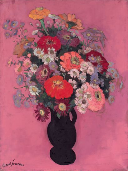 Jean CLÉMENT-SERVEAU (1886-1972) Bouquet de fleurs variées, fond rose
Huile sur toile,...
