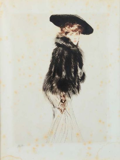 Paul César HELLEU (1859-1927) * Élégante debout, au chapeau et cape de fourrure
Pointe...