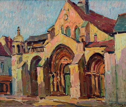 Pierre DE BELAY (1890-1947) Provins, l'église collégiale, 1938 Huile sur toile marouflée...