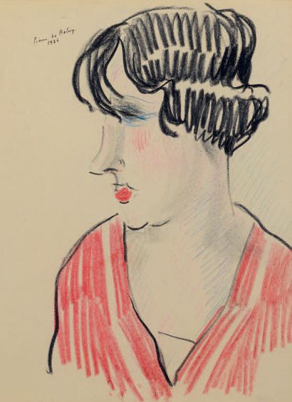 Pierre DE BELAY (1890-1947) Portrait de femme en rouge
Crayon de couleurs
Signé en...