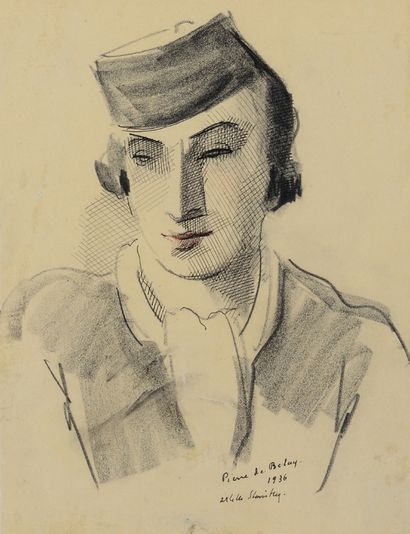 Pierre DE BELAY (1890-1947) Portrait d'Estelle Stavisky
Fusain et encre
Signé en...