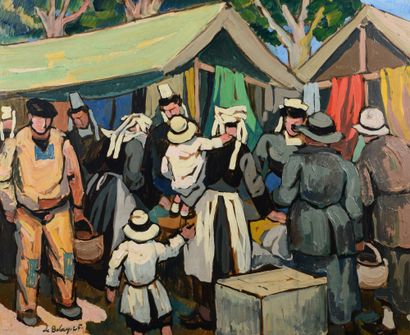 Pierre DE BELAY (1890-1947) Le marché aux étoffes à Concarneau Oil on cardboard Signed...