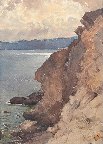 PIERRE VIGNAL (1855-1925) Côte rocheuse
Aquarelle, signée en bas vers la droite
38...