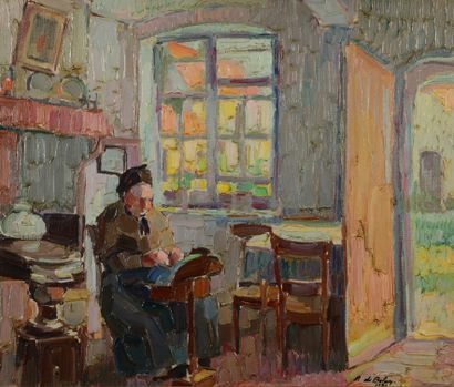 Pierre DE BELAY (1890-1947) Dentellière au béguinage Huile sur toile Signée en bas...