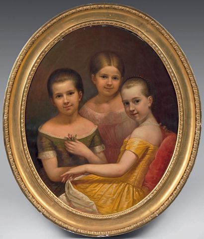 ÉCOLE FLAMANDE vers 1880 
Portrait de trois jeunes filles
Sur sa toile d'origine...