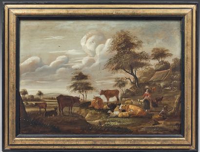 Attribué à Jochem Govert CAMPHUYSEN (1601-1659) 
Shepherdess and her flock in a landscape
Oak...
