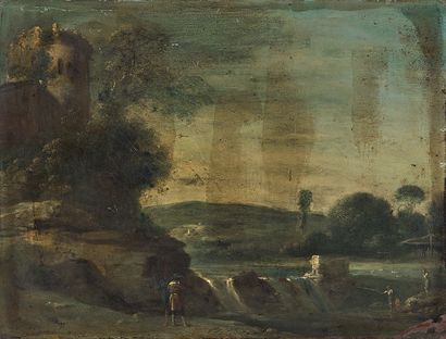 ÉCOLE ROMAINE du XVIIe siècle, entourage de Gottfried WALS Promeneurs dans un paysage...