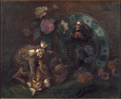 Emile de SPECHT (1843 - ?) 
Singes et fleurs
Panneau, une planche, non parqueté....