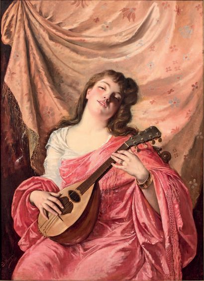 Julius Victor BERGER (Neutitschein, 1850 - Vienne, 1902) 
La joueuse de mandoline
Toile.
110...