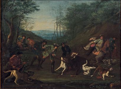 Ecole Allemande vers 1760 
La chasse au sanglier
Toile (Usures).
38,5 x 52 cm