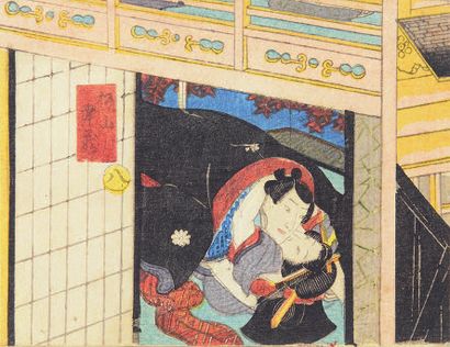 null Set of three shunga, Koban yoko-e:
IKEDA EISEN (1790-1848)
- Edo no hana iro-kurabe,...