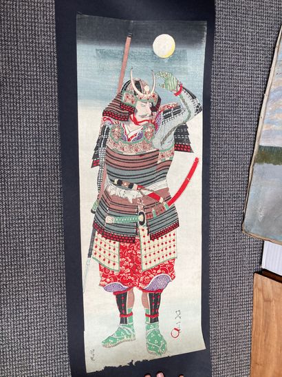 Deux estampes, l'une représentant un Samuraï,...
