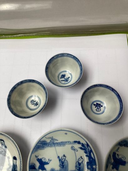 CHINE Three miniature tea bowls and three saucers decorated in blue underglaze with...