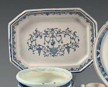 BORDEAUX Rectangular dish with cut sides, decorated with
Bérain in blue cameos representing...