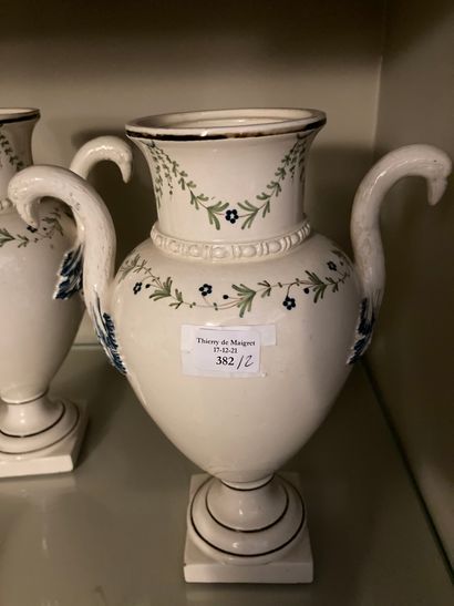 null Pair of fine earthenware vases, perhaps Nancy.
Painted marks 4.j. (?). Oviform,...