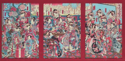 Toyohara Chikanobu (1838-1912) Triptych oban tate-e with bijin decoration celebrating...