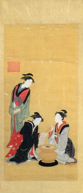 JAPON - Époque Edo (1603-1868), XIXe siècle. Deux encres et couleurs sur soie en...