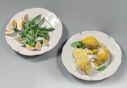 Christine VIENNET Three earthenware plates treated in polychromy in trompe l'oeil...