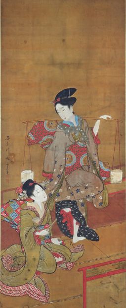 JAPON - Époque Edo (1603-1868), XIXe siècle. Deux encres et couleurs sur soie en...