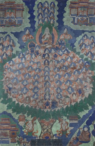 TIBET - XXe siècle Thangka, tempera on canvas, with central decoration of Tsongkapa,...