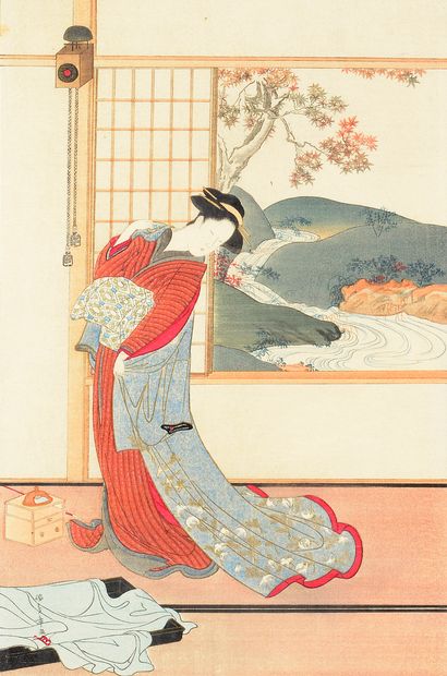 UTAGAWA TOYOKUNI III (1786-1865) Part of an oban tate-e triptych depicting two lovers...