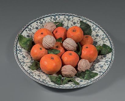 Christine VIENNET Three earthenware plates treated in polychromy in trompe l'oeil...