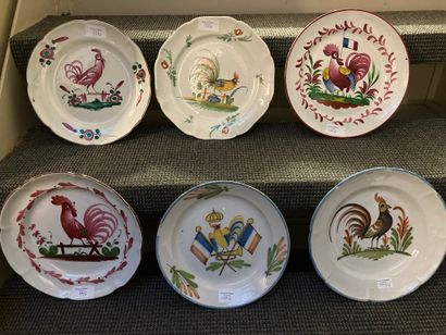 null Six plates in French earthenware with various polychrome decor of a rooster,...